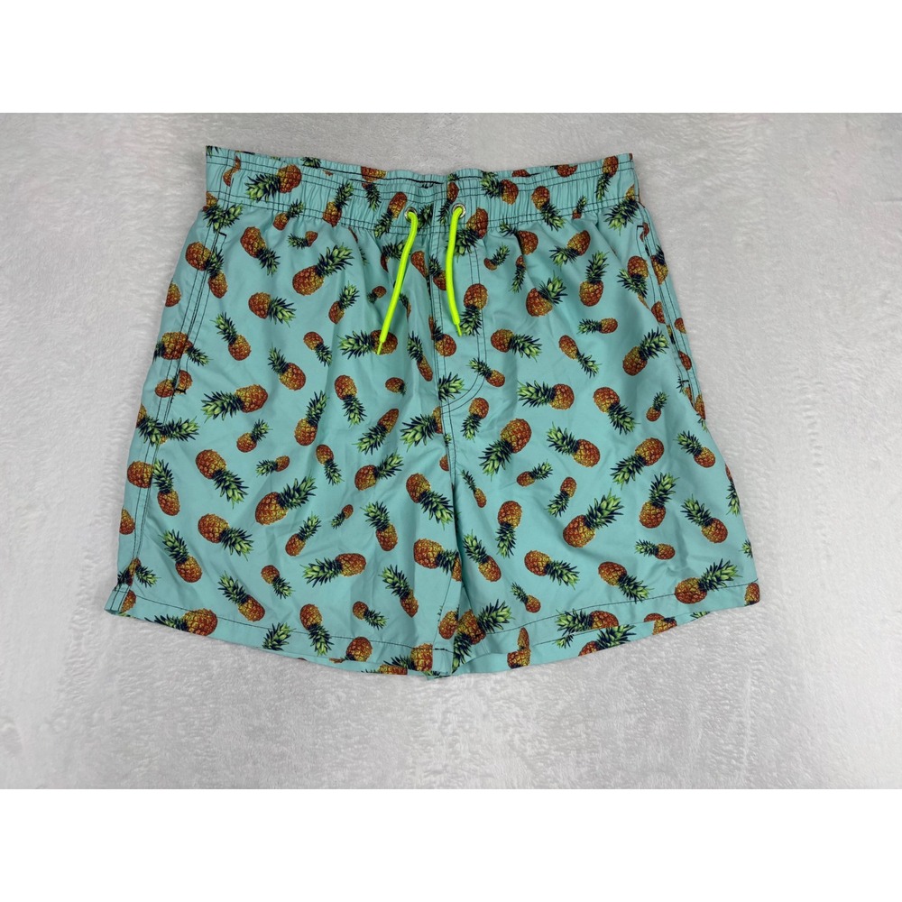 Mens Pineapple Print Swim Trunks Turquoise Blue Mesh Lined XXL